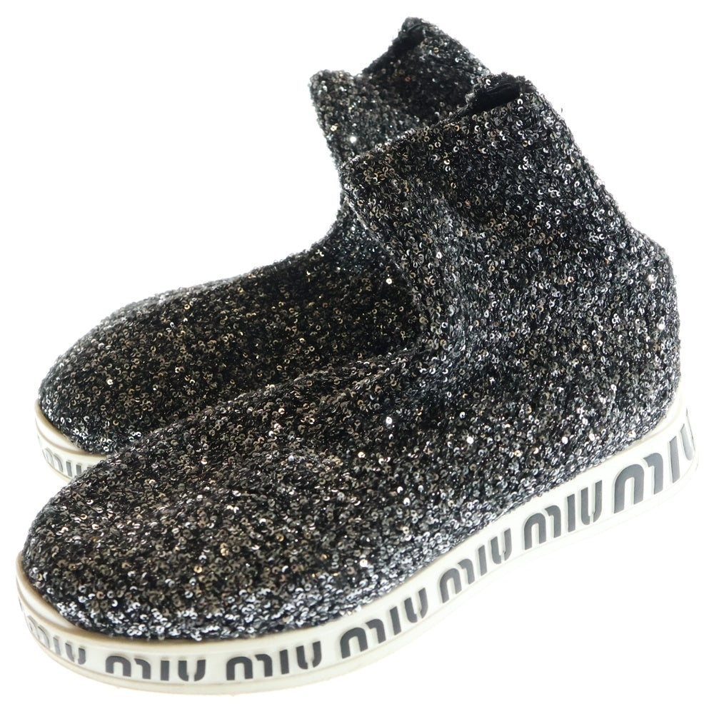 miumiu(ミュウミュウ) スパンコール装飾 ロゴプリント ハイカットシューズ ソックススニーカー シルバー/ブラック レディース