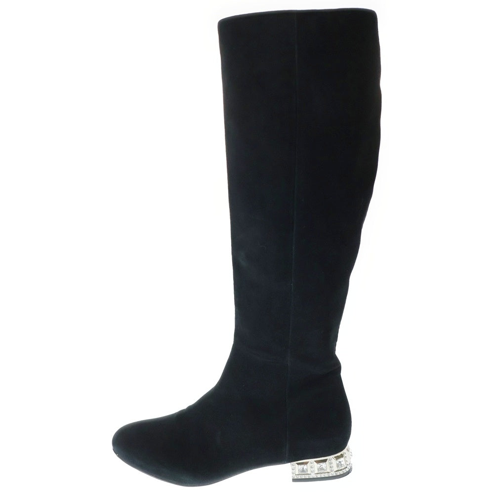 miumiu(ミュウミュウ) ビジュー クリスタル ヒール スウェードレザー サイドジップ ロングブーツ ブラック レディース