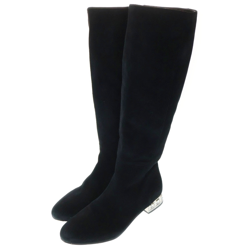 miumiu(ミュウミュウ) ビジュー クリスタル ヒール スウェードレザー サイドジップ ロングブーツ ブラック レディース