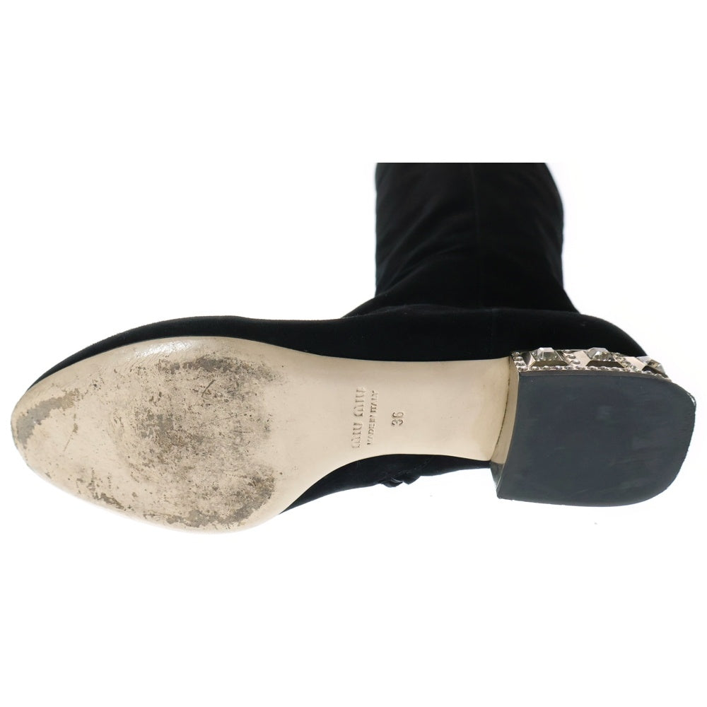 miumiu(ミュウミュウ) ビジュー クリスタル ヒール スウェードレザー サイドジップ ロングブーツ ブラック レディース