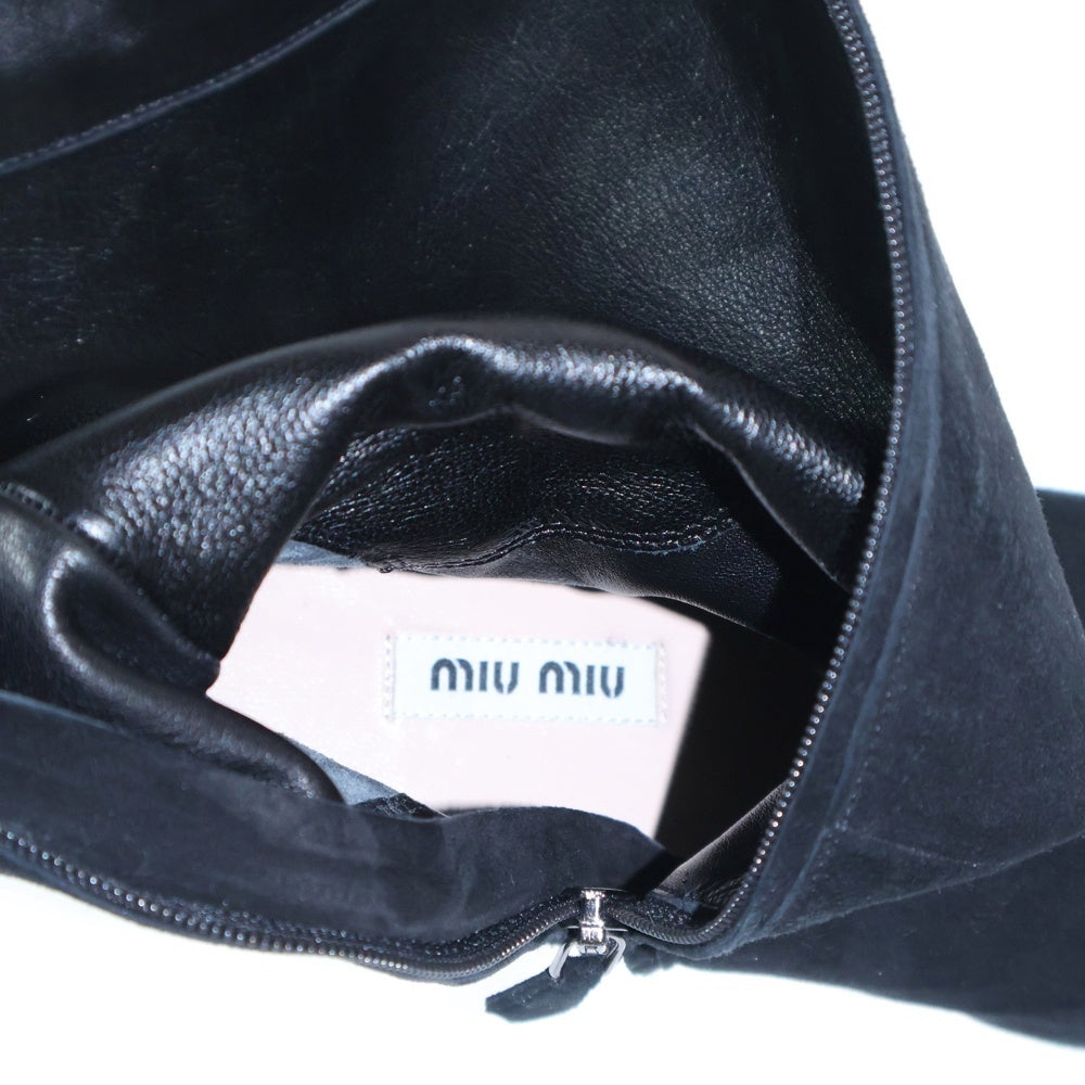 miumiu(ミュウミュウ) ビジュー クリスタル ヒール スウェードレザー サイドジップ ロングブーツ ブラック レディース