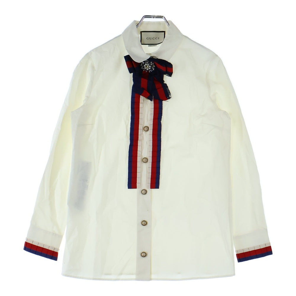 GUCCI(グッチ) ビジュー装飾 ウェブストライプリボン フリル GGボタン 長袖シャツ ホワイト/レッド レディース 451007