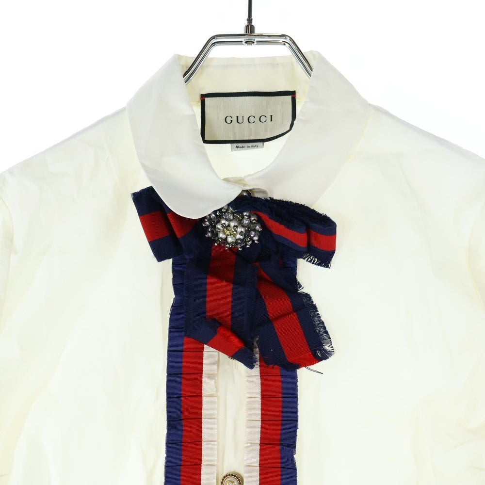 GUCCI(グッチ) ビジュー装飾 ウェブストライプリボン フリル GGボタン 長袖シャツ ホワイト/レッド レディース 451007