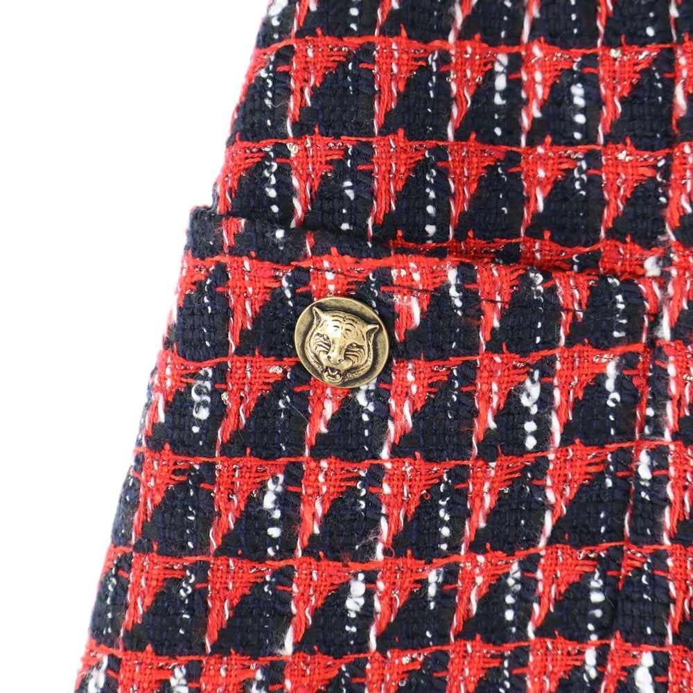 GUCCI(グッチ) タイガーボタン 総柄ジャガード タックデザイン ミディアムスカート レッド レディース 550402