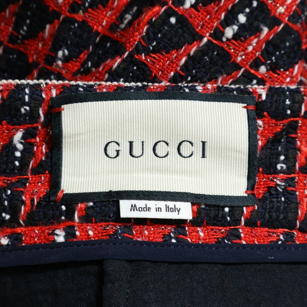 GUCCI(グッチ) タイガーボタン 総柄ジャガード タックデザイン ミディアムスカート レッド レディース 550402