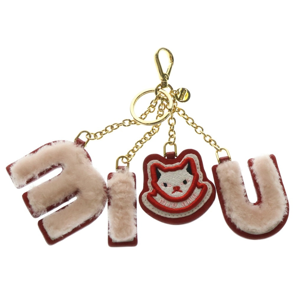 miumiu(ミュウミュウ) ファー パッチワーク 猫モチーフ キーリングチャーム ピンク×レッド 5TL251