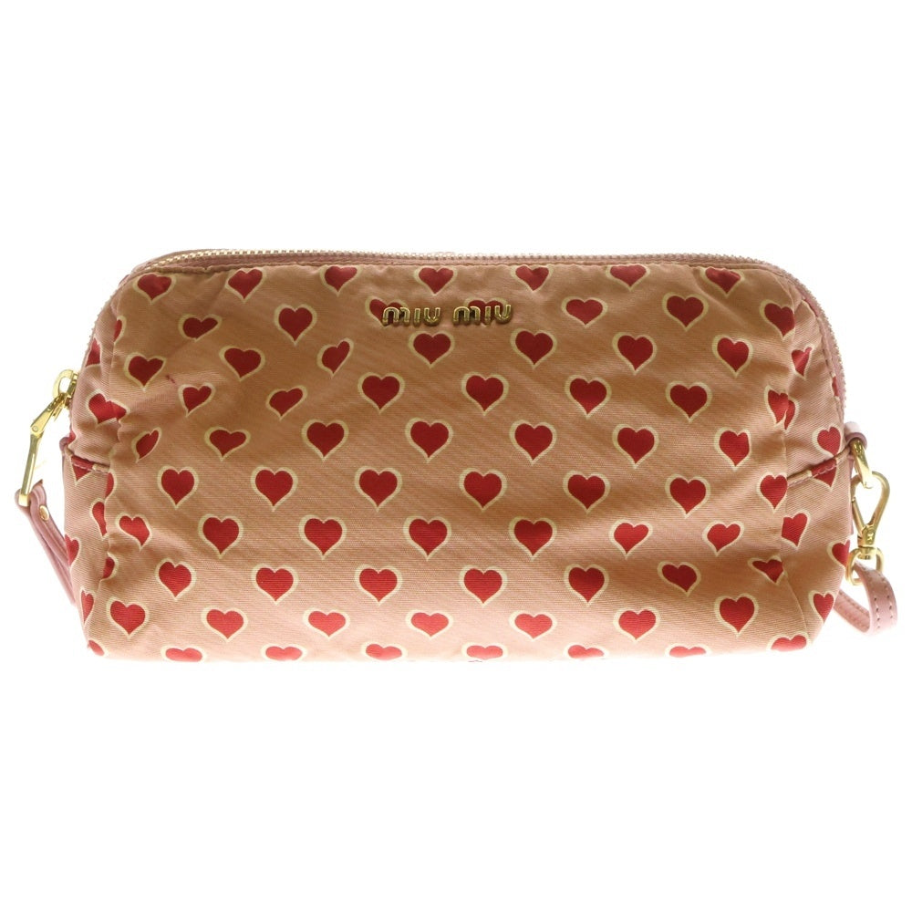 miumiu(ミュウミュウ) ロゴプレート ハート総柄プリント ナイロン メイクポーチ ピンク 5NE457