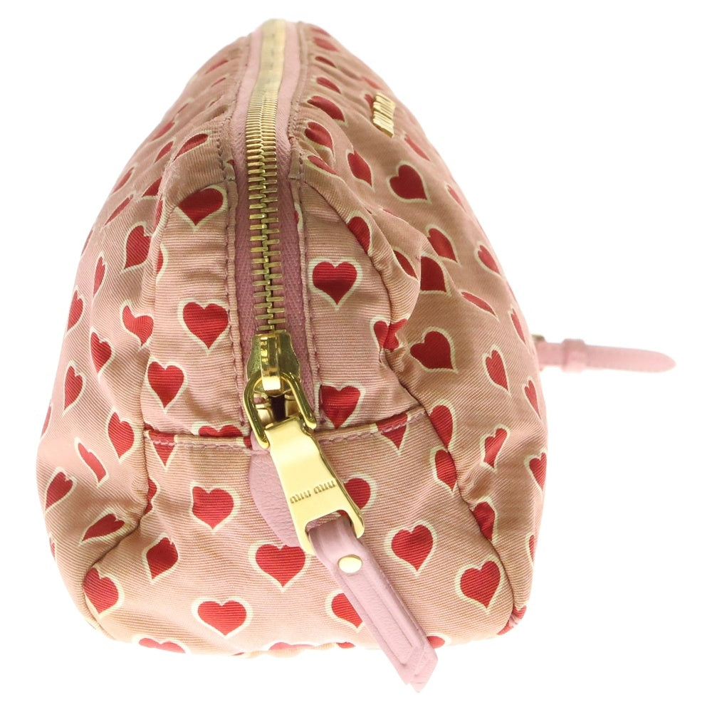 miumiu(ミュウミュウ) ロゴプレート ハート総柄プリント ナイロン メイクポーチ ピンク 5NE457