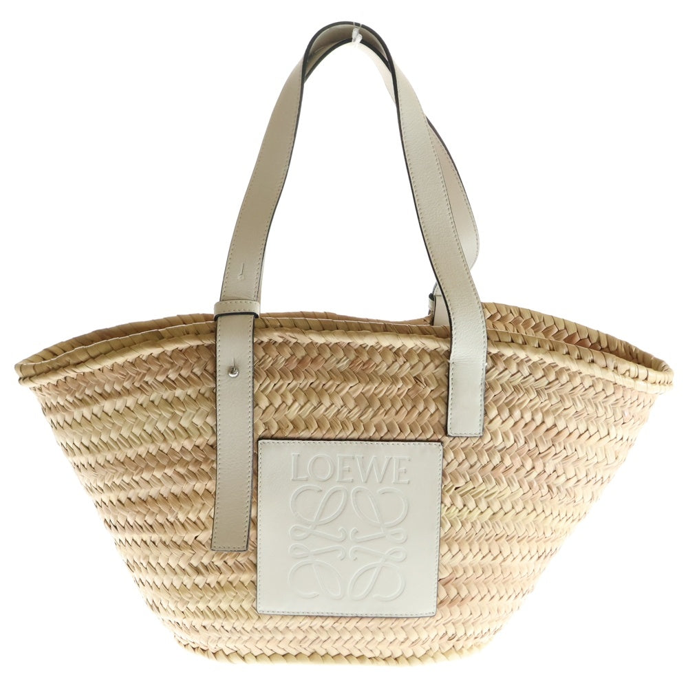 LOEWE(ロエベ) バスケットバッグ アナグラムロゴ ストロー ラフィア レザー ハンド トートバッグ シルバー金具 ホワイト/ベージュ