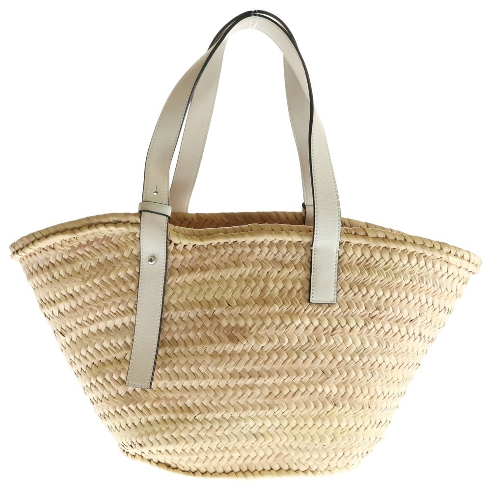 LOEWE(ロエベ) バスケットバッグ アナグラムロゴ ストロー ラフィア レザー ハンド トートバッグ シルバー金具 ホワイト/ベージュ