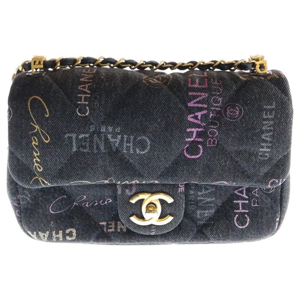 CHANEL(シャネル) マトラッセ22 デニム シングルフラップ チェーンショルダーバッグ ゴールド金具 ブラック AS3134