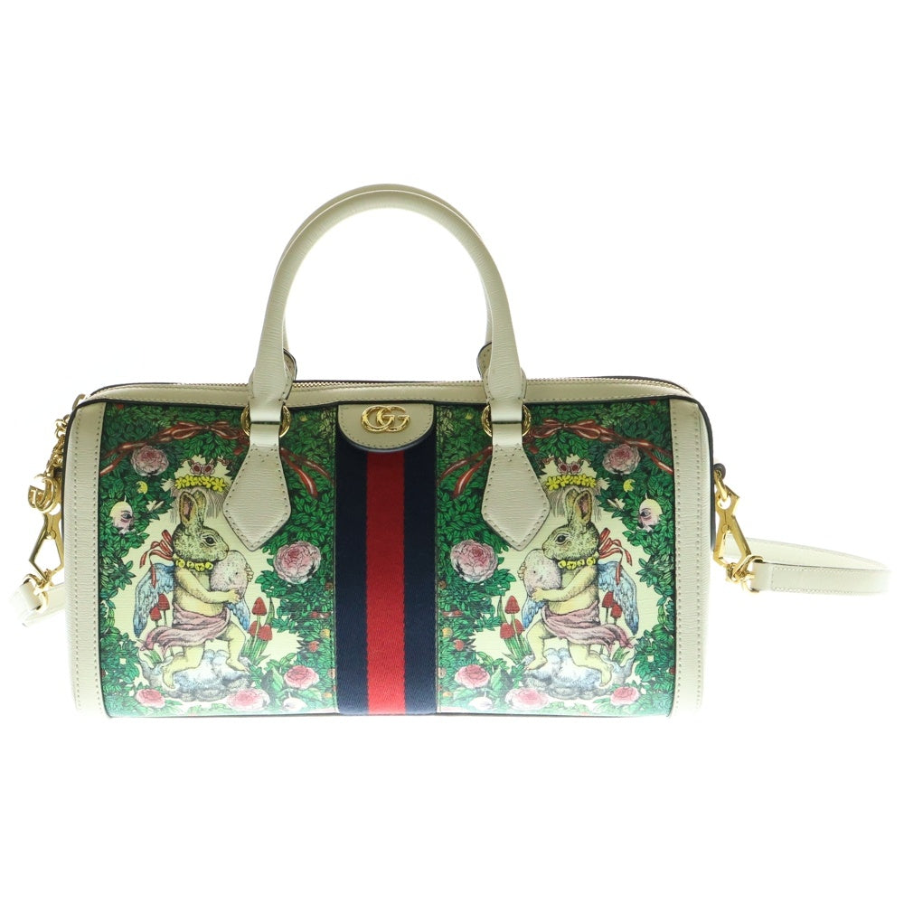 GUCCI(グッチ) ×ヒグチユウコ オフィディア GGロゴプレート ウェブライン 総柄プリント 2WAY ハンド チェーンショルダーバッグ ゴールド金具 ホワイト グリーン 524532