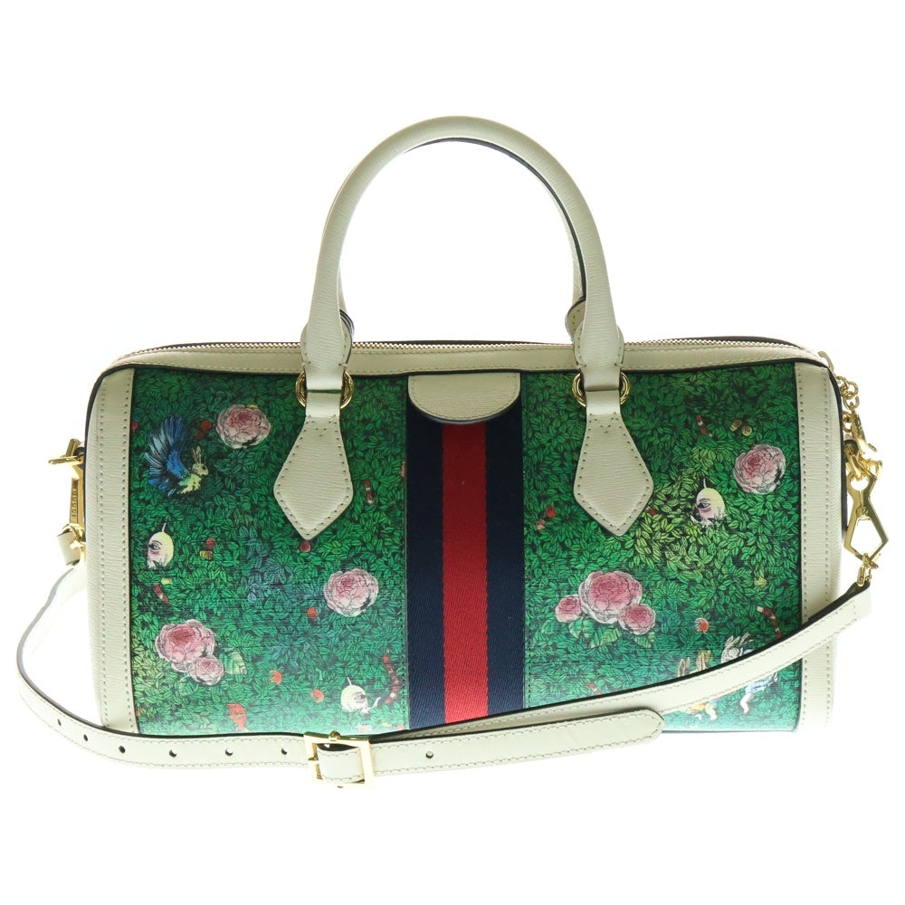 GUCCI(グッチ) ×ヒグチユウコ オフィディア GGロゴプレート ウェブライン 総柄プリント 2WAY ハンド チェーンショルダーバッグ ゴールド金具 ホワイト グリーン 524532