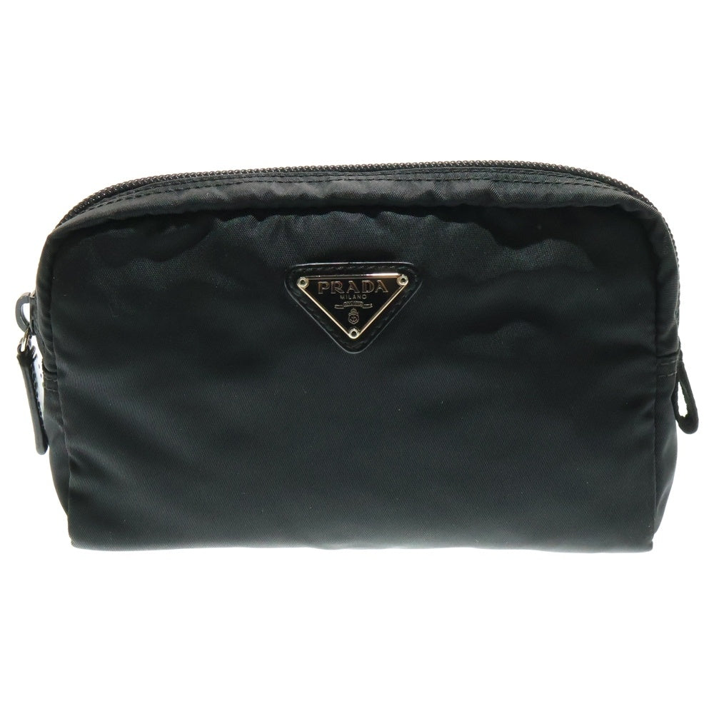 PRADA(プラダ) ポーチ メイク 収納 ケース ブラック ナイロン シルバー金具 ロゴ三角プレート
