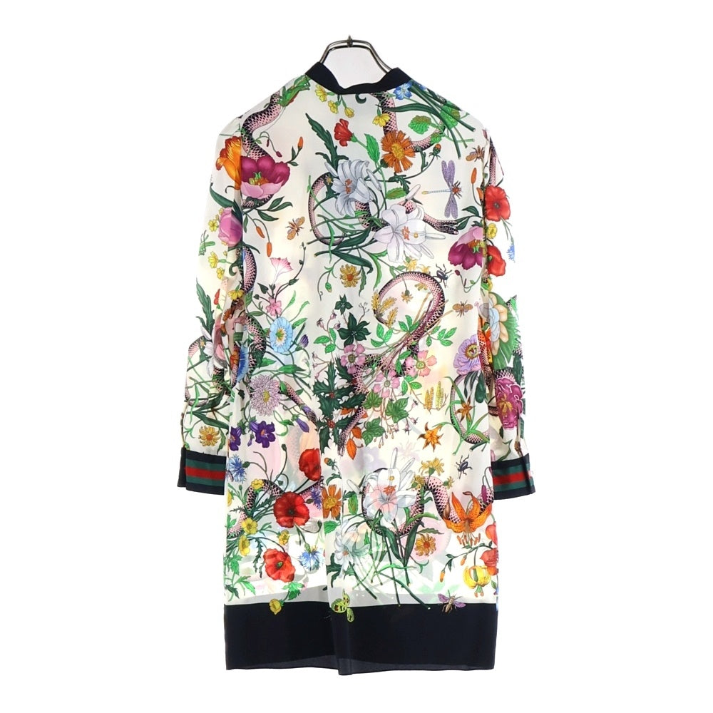GUCCI(グッチ) フラワー総柄プリント GGパールボタン シェリーライン フリルデザイン リボンカラー シルク ワンピース ドレス マルチカラー レディース 453014