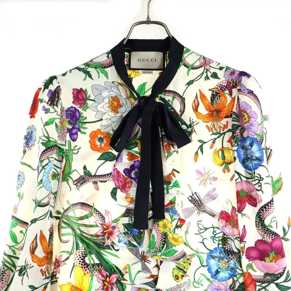 GUCCI(グッチ) フラワー総柄プリント GGパールボタン シェリーライン フリルデザイン リボンカラー シルク ワンピース ドレス マルチカラー レディース 453014