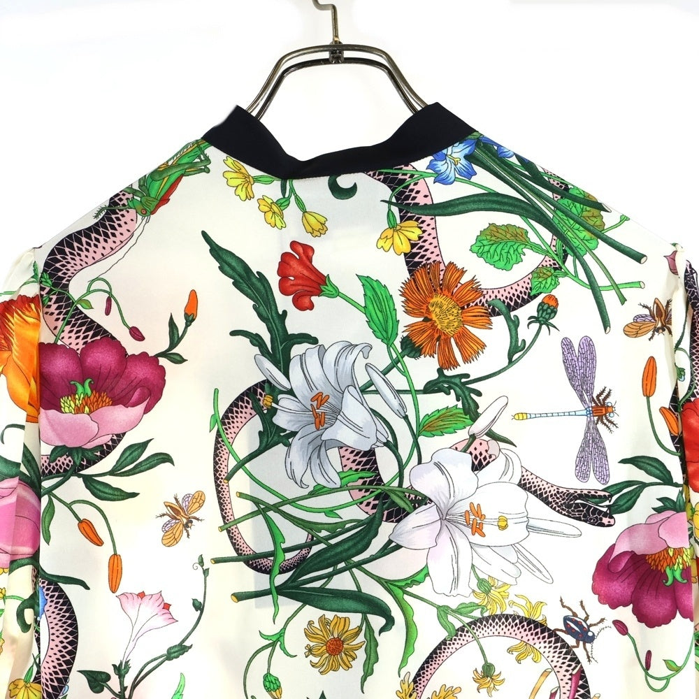 GUCCI(グッチ) フラワー総柄プリント GGパールボタン シェリーライン フリルデザイン リボンカラー シルク ワンピース ドレス マルチカラー レディース 453014