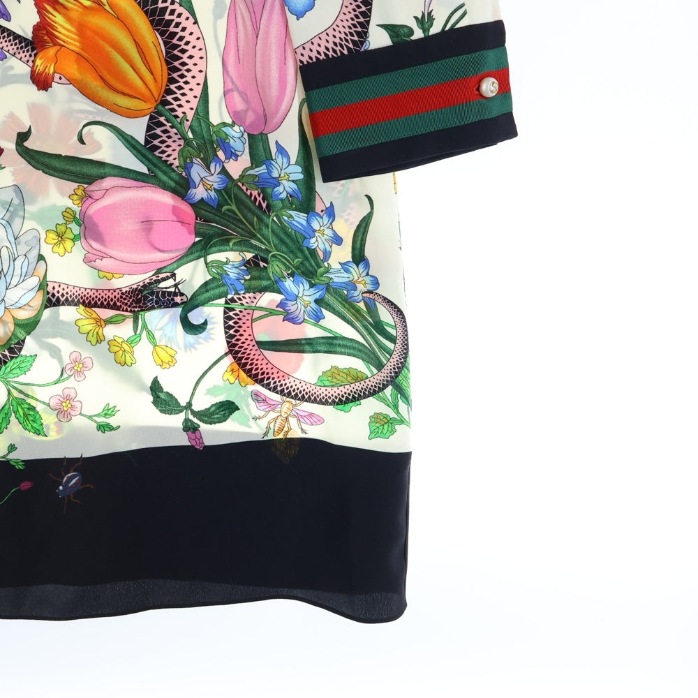 GUCCI(グッチ) フラワー総柄プリント GGパールボタン シェリーライン フリルデザイン リボンカラー シルク ワンピース ドレス マルチカラー レディース 453014