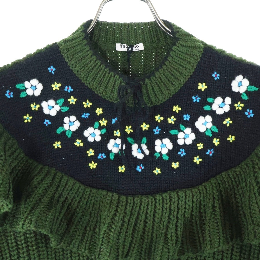 miumiu(ミュウミュウ) 19AW フラワー刺繍 フリルデザイン ウール プルオーバー 長袖ニット セーター グリーン レディース MML243