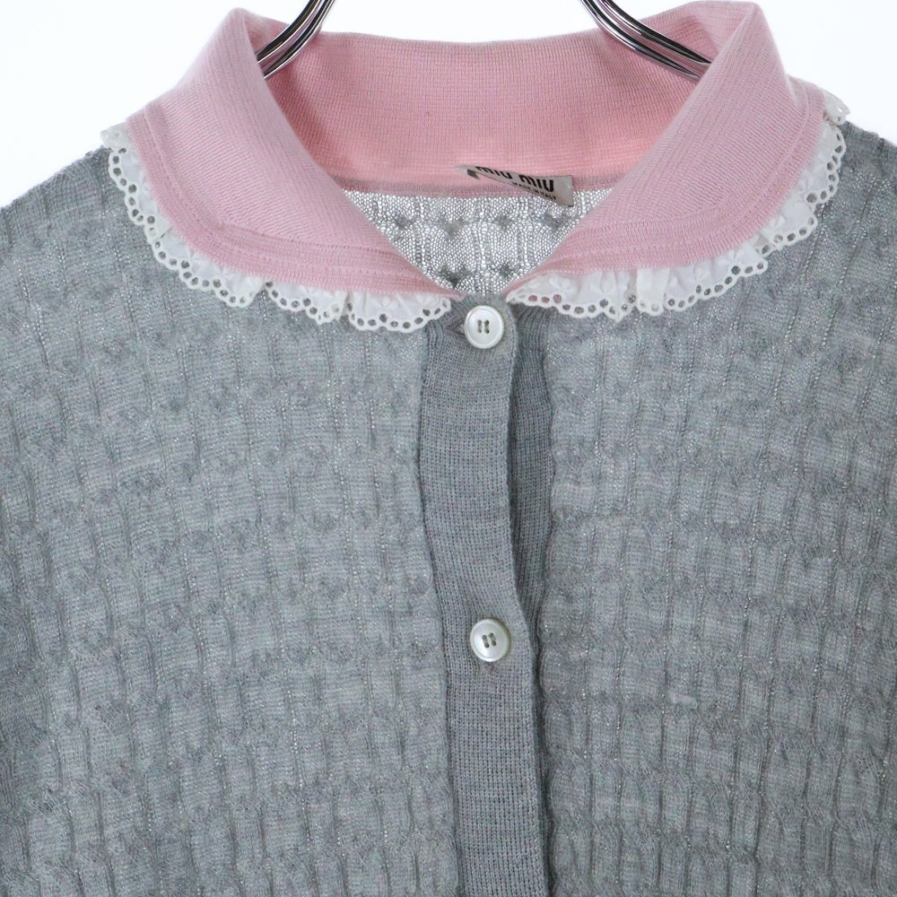 miumiu(ミュウミュウ) 17AW バイカラー 丸襟 レース シルク混 カシミヤ ニット カーディガン グレー/ピンク レディース MMC044