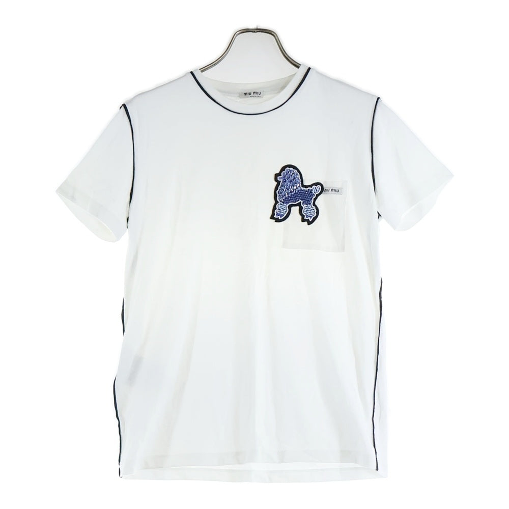 miumiu(ミュウミュウ) 17SS ビーズ刺?ワッペン プードル 犬 ロゴ クルーネック 半袖 Tシャツ カットソー ホワイト レディース MJN015