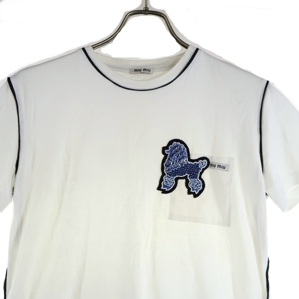 miumiu(ミュウミュウ) 17SS ビーズ刺?ワッペン プードル 犬 ロゴ クルーネック 半袖 Tシャツ カットソー ホワイト レディース MJN015