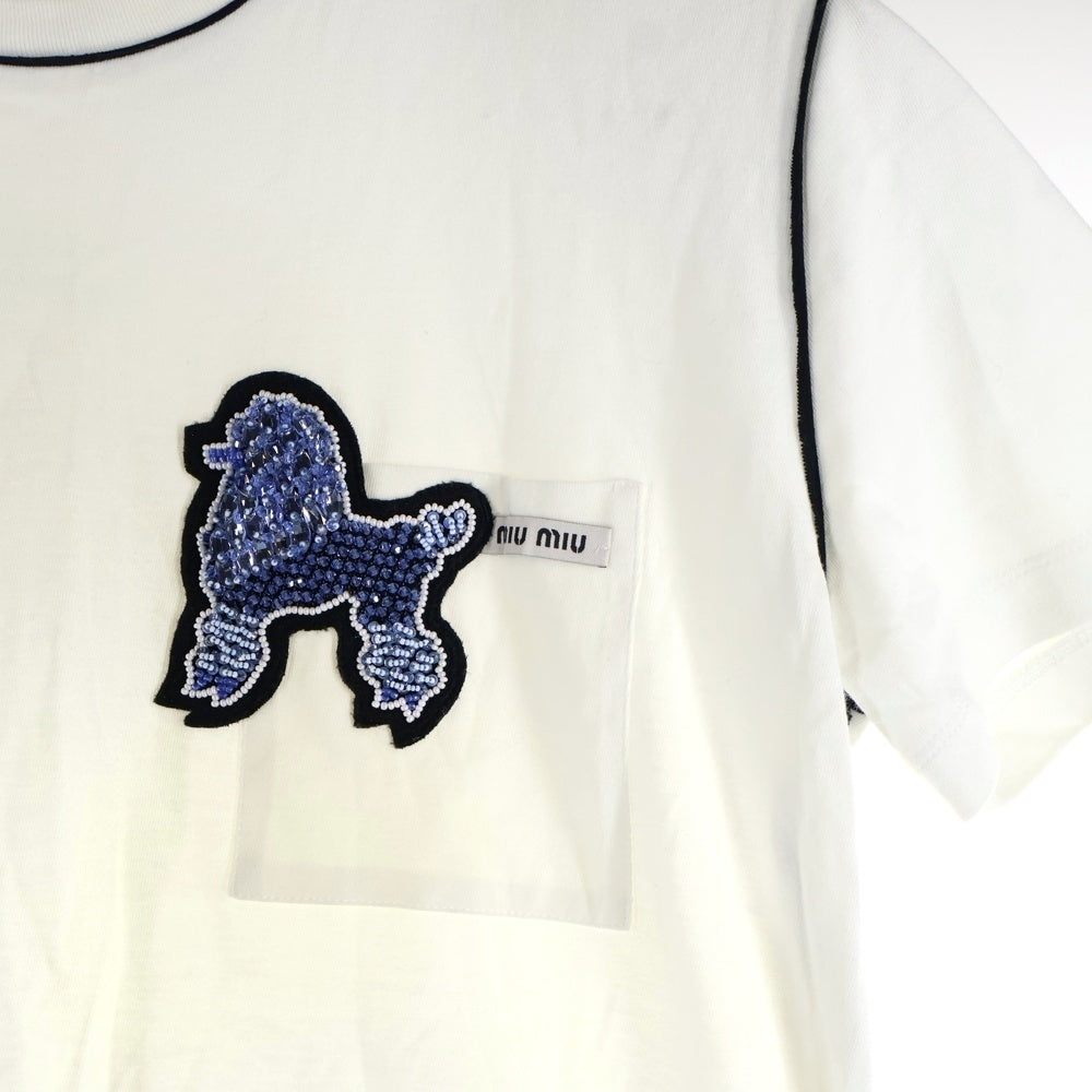 miumiu(ミュウミュウ) 17SS ビーズ刺?ワッペン プードル 犬 ロゴ クルーネック 半袖 Tシャツ カットソー ホワイト レディース MJN015