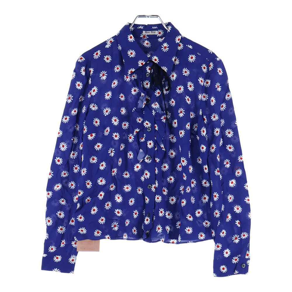 miumiu(ミュウミュウ) 18SS フラワー総柄プリント ビスコース フリルデザイン レギュラーカラー ロングスリーブ 長袖シャツ ブルー レディース MK1293