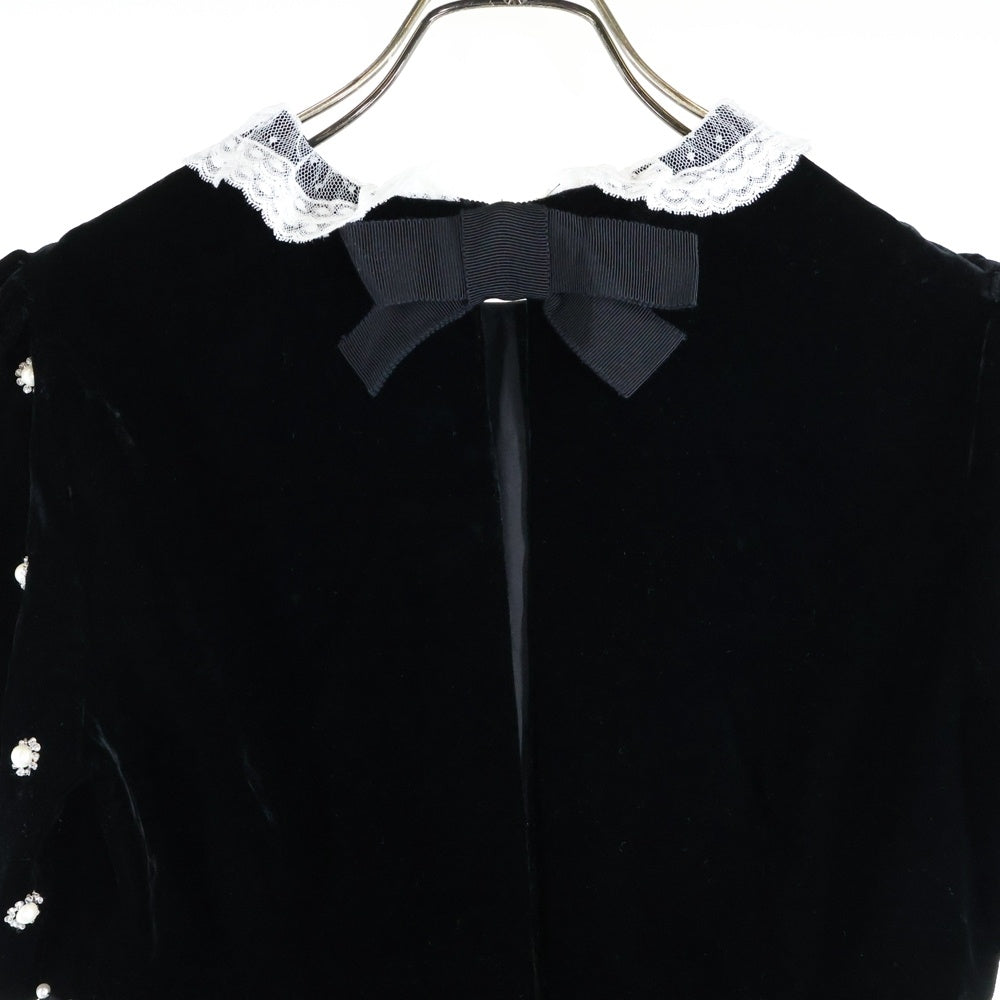 miumiu(ミュウミュウ) 19AW パール装飾 ベルベット ベロア 切り替え パフスリーブ レース 半袖 ミディアムワンピース ドレス ブラック/ホワイト レディース MF3577