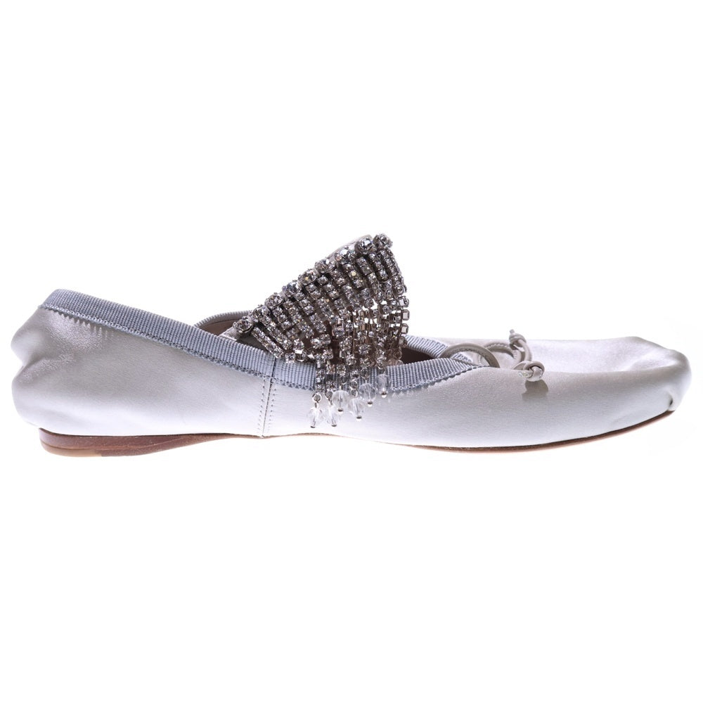 miumiu(ミュウミュウ) ラインストーン ビジュー装飾 リボン サテン フラット バレエ シューズ グレー/シルバー レディース