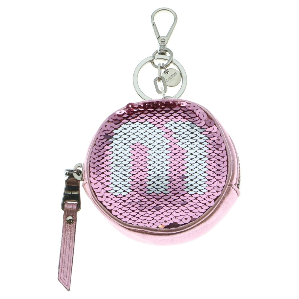 miumiu(ミュウミュウ) スパンコール パイエット ロゴ キーホルダー ポーチ バッグチャーム ケース ピンク×シルバー レディース
