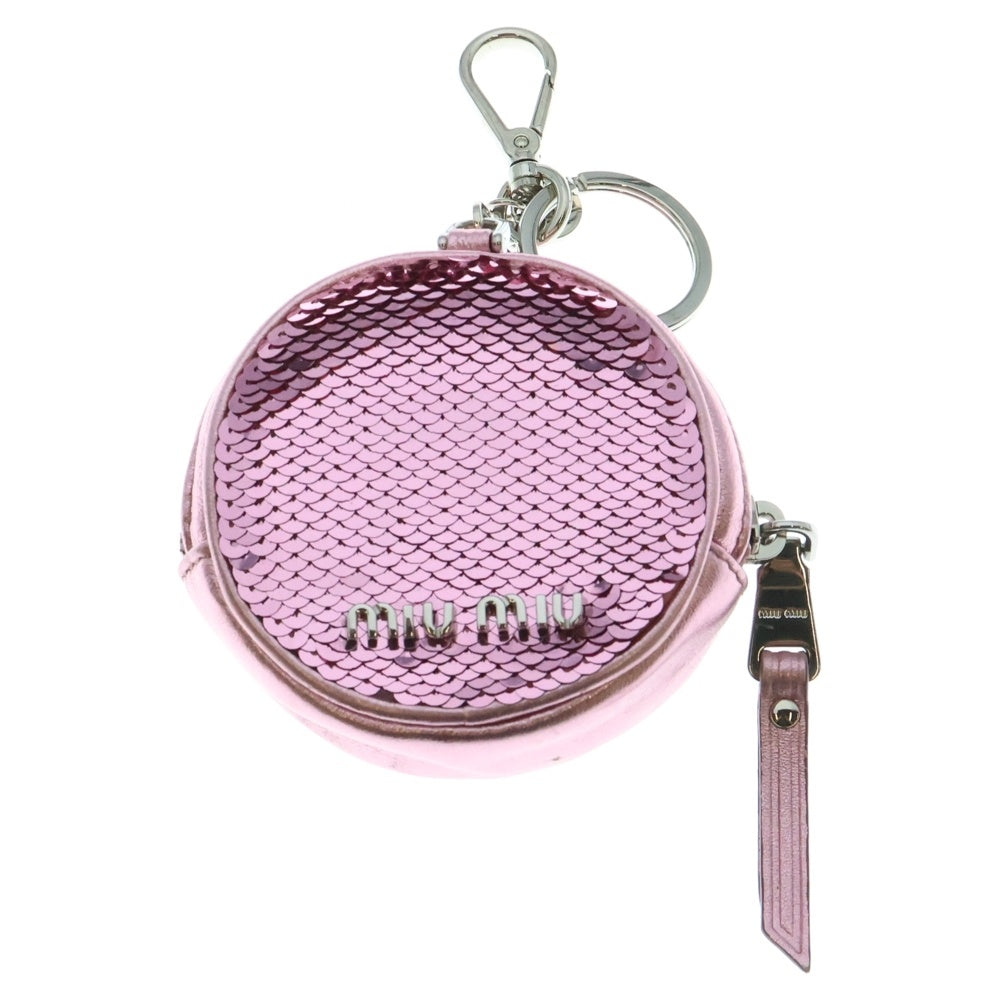 miumiu(ミュウミュウ) スパンコール パイエット ロゴ キーホルダー ポーチ バッグチャーム ケース ピンク×シルバー