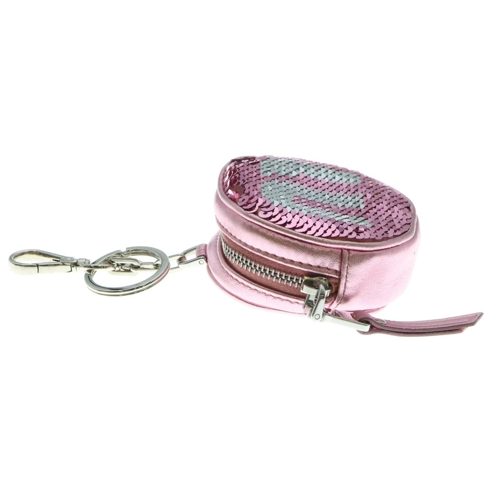 miumiu(ミュウミュウ) スパンコール パイエット ロゴ キーホルダー ポーチ バッグチャーム ケース ピンク×シルバー