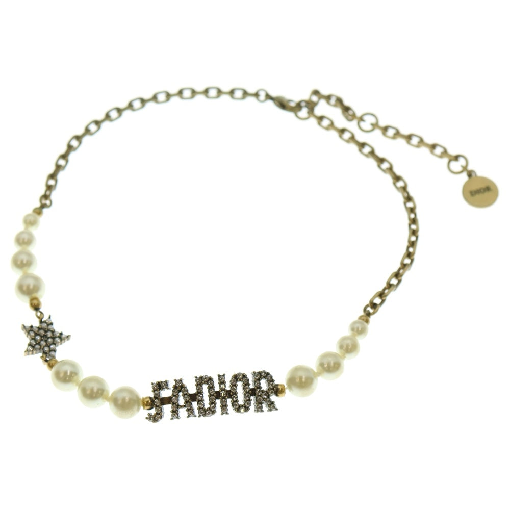 Christian Dior(クリスチャンディオール) ロゴ フェイクパールネックレス チョーカー ゴールド金具 ラインストーンGP