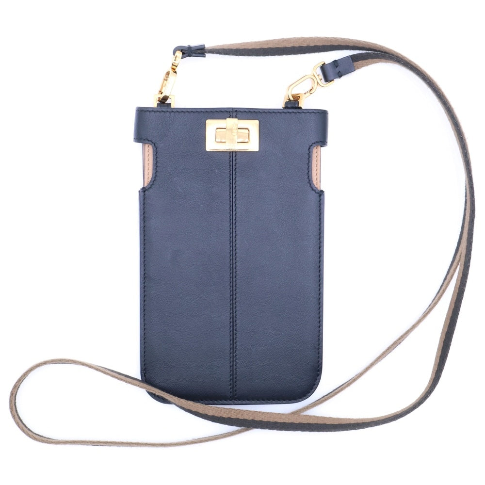 FENDI(フェンディ) ピーカフォン レザー フォンショルダー ミニバッグ ブラック×ブラウン レザー ゴールド金具 8M0442