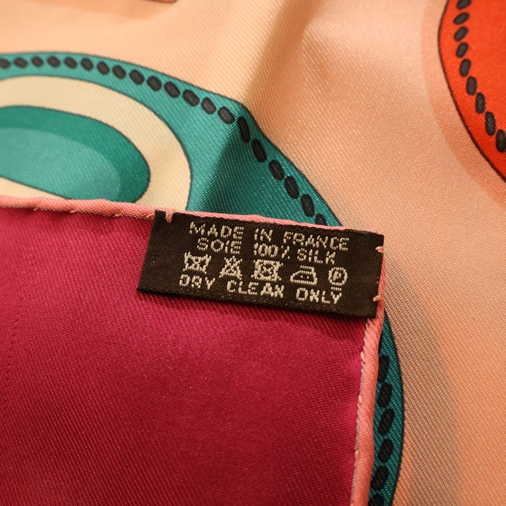 HERMES(エルメス) カレ90 バックル柄 シルク オレンジ×ターコイズ