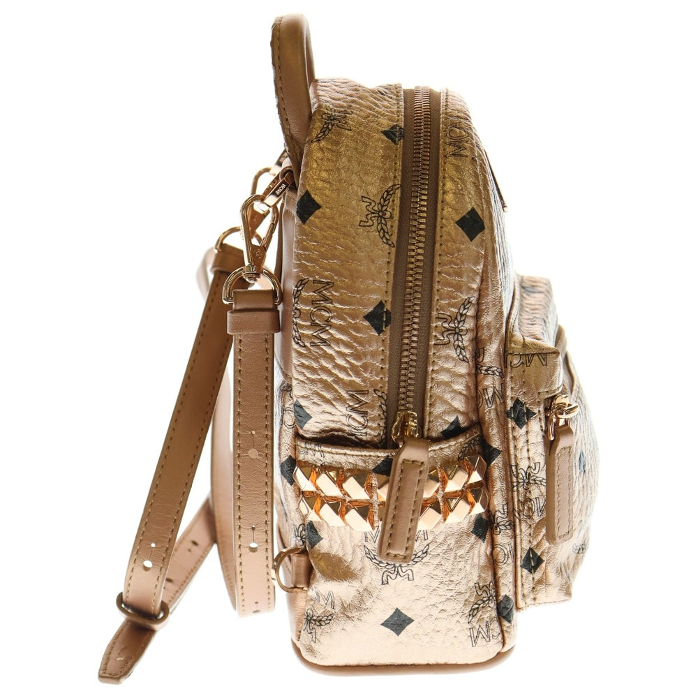 MCM(エム シー エム) ミニリュック スタッズ ヴィセトスロゴプレート メタリックレザー デイパック バックパック リュックサック ピンクゴールド金具 ピンクゴールド