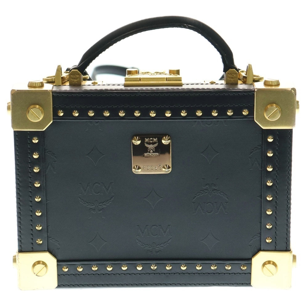 MCM(エム シー エム) ヴィセトス ロゴプレート スタッズ レザー 2WAY ミニ トランク ショルダーバッグ ゴールド金具 ブラック