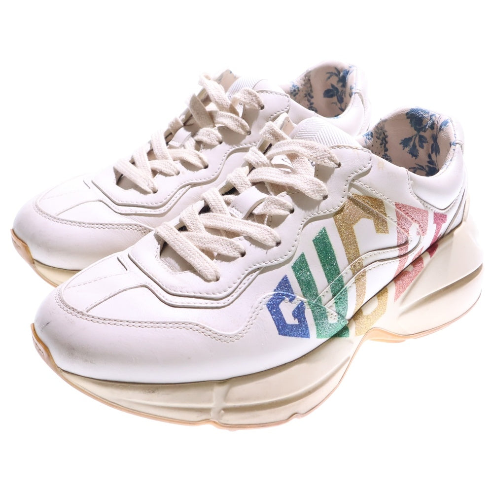 GUCCI(グッチ) 18AW ライトン ラメ グリッターロゴプリント レザー 厚底 レースアップ ローカットシューズ スニーカー ホワイト/アイボリー レディース 524990