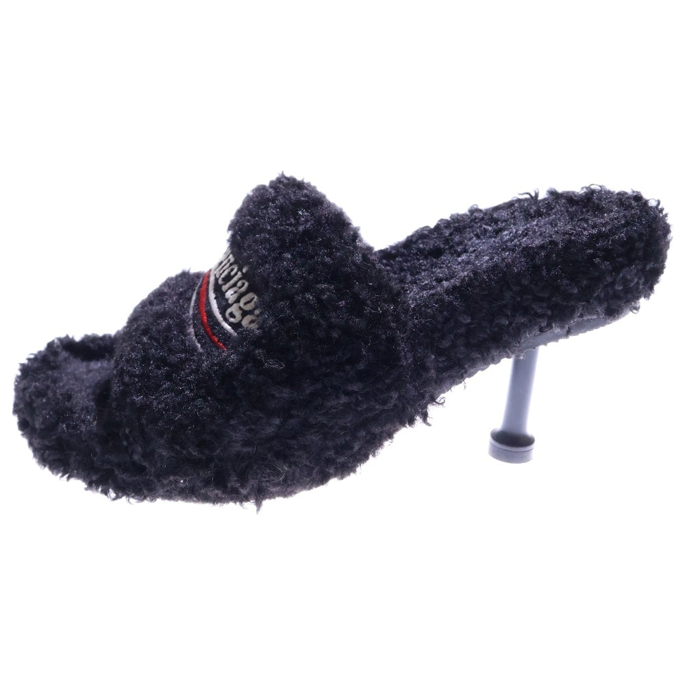 BALENCIAGA(バレンシアガ) キャンペーンロゴ刺繍 ファー スライド ヒール サンダル シューズ ブラック レディース 762826