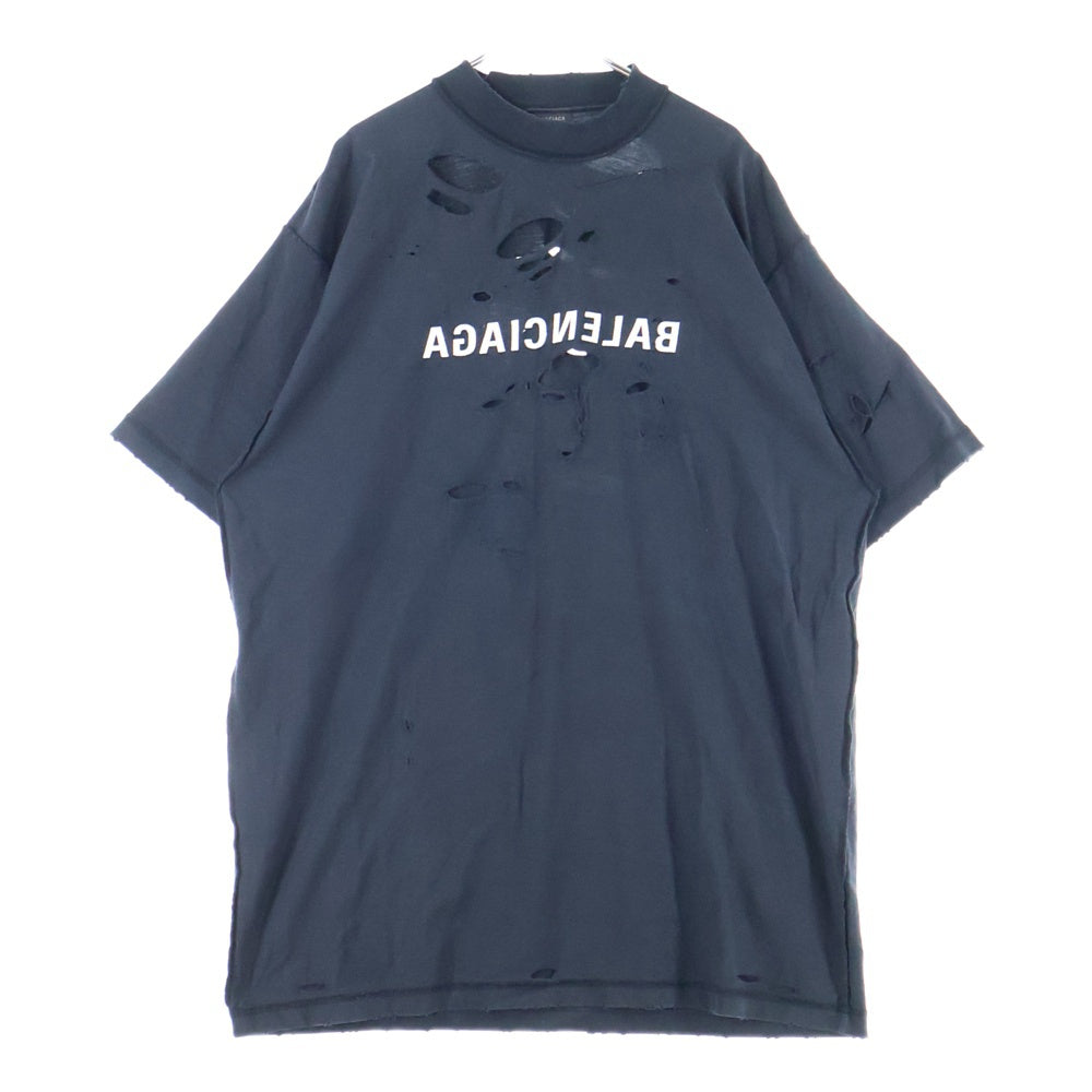 BALENCIAGA(バレンシアガ) 22AW Inside Out インサイドアウト ダメージ加工 ロゴ刺繍 オーバーサイズ クルーネック 半袖Tシャツ カットソー ブラック 720198
