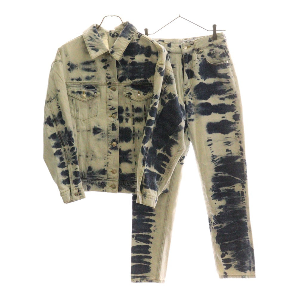 MSGM(エムエスジーエム) セットアップ ロゴ刺繍 ハイブリーチ加工 レザーパッチ 変形デニムトラッカージャケット テーパード デニムパンツ レディース 2841MDH49L 2841MDP51LX