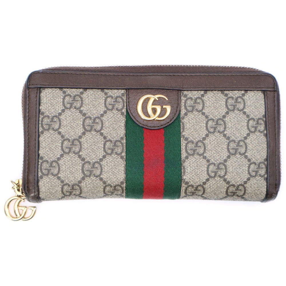 GUCCI(グッチ) GGスプリーム シェリーライン ラウンドファスナー長財布 ロングウォレット カードケース ブラウン×ベージュ レザー×PVC 523154 ゴールド金具