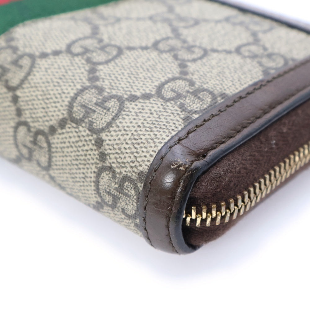 GUCCI(グッチ) GGスプリーム シェリーライン ラウンドファスナー長財布 ロングウォレット カードケース ブラウン×ベージュ レザー×PVC 523154 ゴールド金具