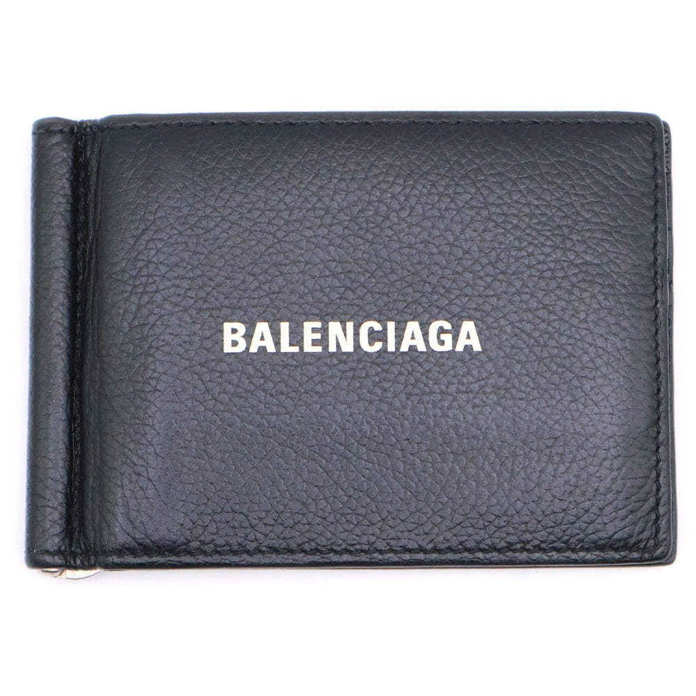 BALENCIAGA(バレンシアガ) ロゴ マネークリップウォレット 二つ折り財布 カードケース ブラック レザー 594308 シルバー金具