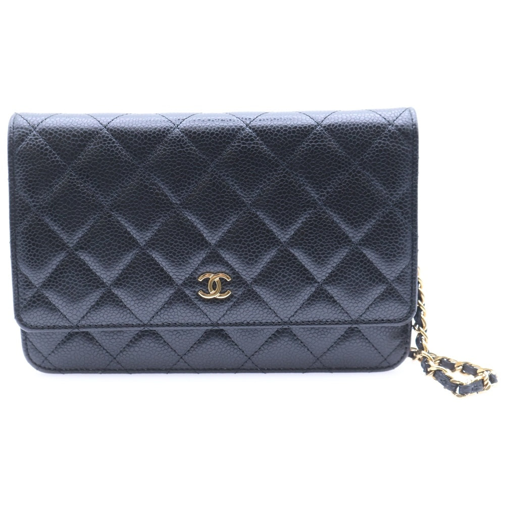 CHANEL(シャネル) マトラッセ チェーンウォレット ショルダーバッグ ブラック キャビアスキン ゴールド金具 プレートタイプ AP0250