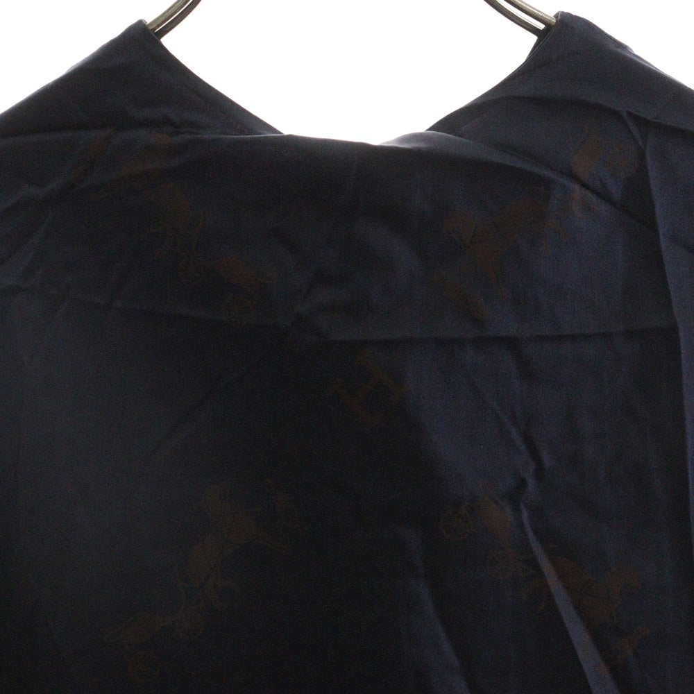 HERMES(エルメス) Hロゴ 馬車柄 セリエボタン ジャガード プリーツカラー 比翼 ロングスリーブ 長袖 シャツ ブラウス ネイビー/ブラウン レディース