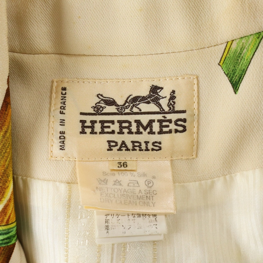 HERMES(エルメス) Hロゴ 馬車柄 セリエボタン ジャガード プリーツカラー 比翼 ロングスリーブ 長袖 シャツ ブラウス ネイビー/ブラウン レディース