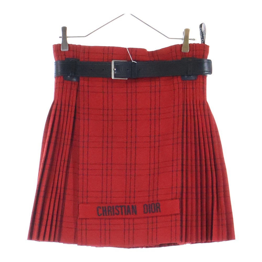 Christian Dior(クリスチャンディオール) ロゴ刺繍 チェック総柄 レザーベルト ウール プリーツ ミディアム ラップスカート レッド/ブラック レディース 851J29A1029