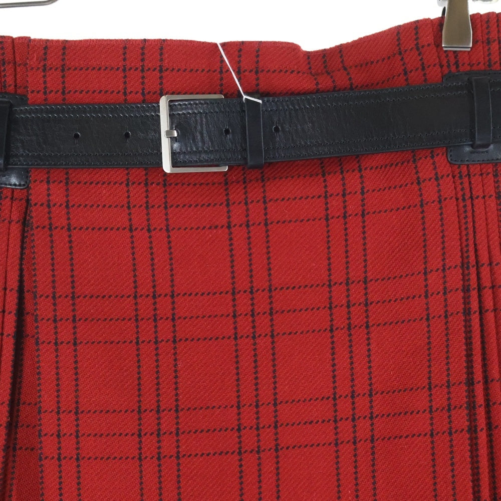 Christian Dior(クリスチャンディオール) ロゴ刺繍 チェック総柄 レザーベルト ウール プリーツ ミディアム ラップスカート レッド/ブラック レディース 851J29A1029
